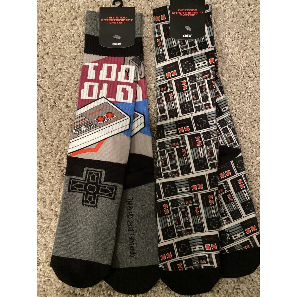 NEW Super Mario Brothers NES Retro Nintendo Crew Socks 2 Pair Sz 10-13 Gift
